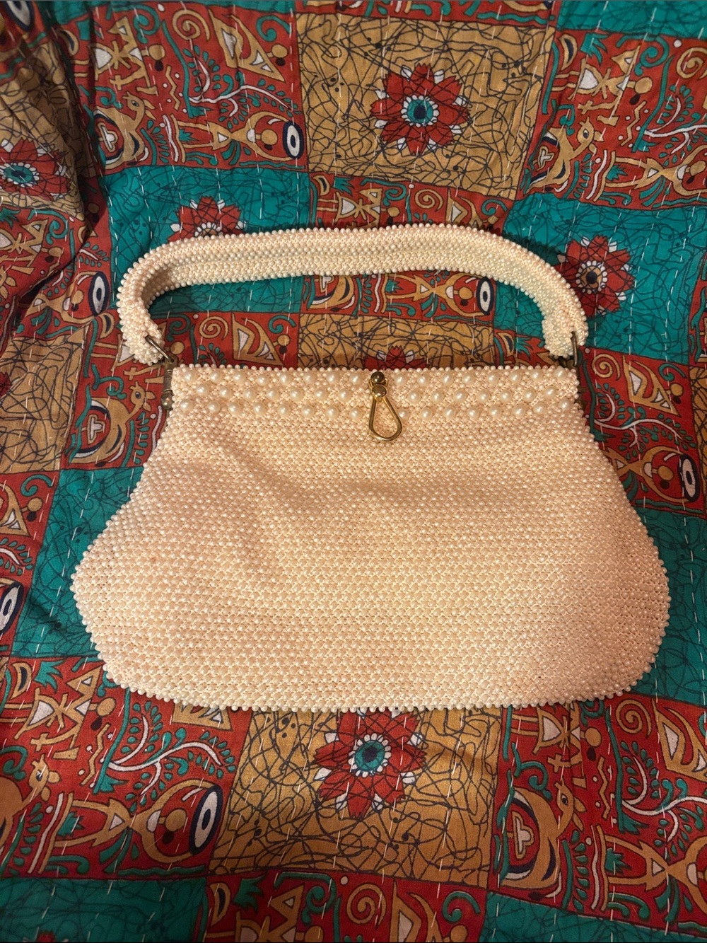 Pearl Beaded Top-Handle Bag - Cream